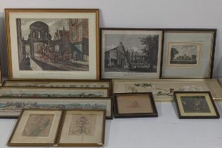 A mixed lot of prints and etchings to include a pair of 18th century botanical hand coloured