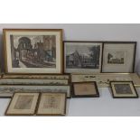 A mixed lot of prints and etchings to include a pair of 18th century botanical hand coloured