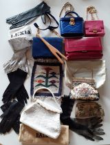 A group of vintage bags and accessories to include a Charles Jourdan fuchsia pink leather clutch bag