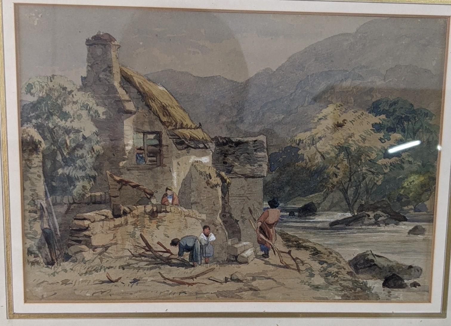 Samuel Gilhespie 1822 -1911 attributed watercolour depicting a river scene and cottage with people - Image 4 of 4