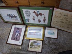 A group of horseracing and other sporting prints, along with a watercolour to include a limited