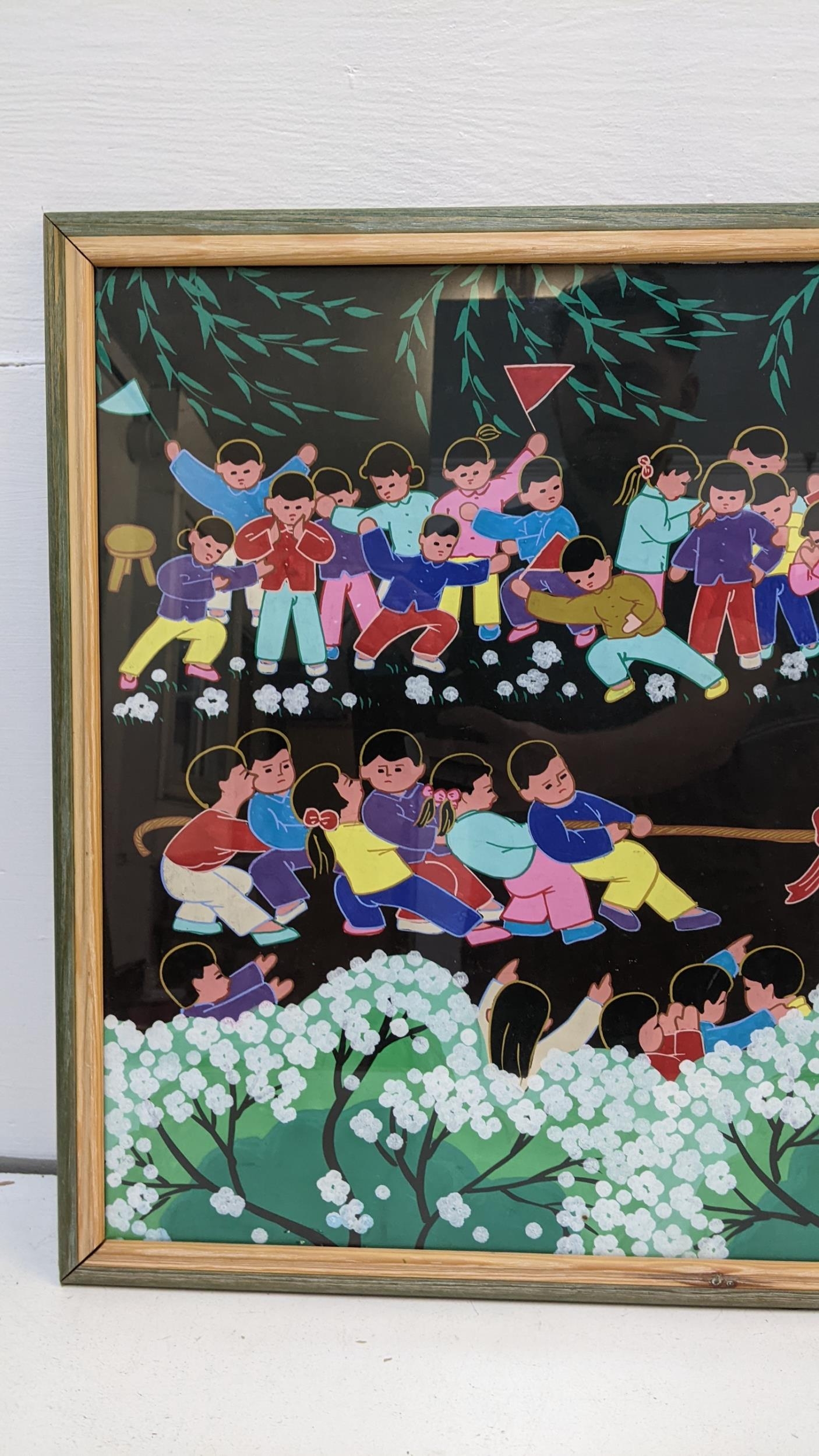 Pan Xiaoling - A watercolour depicting Chinese children playing tug of war, 78 x 58, framed - Image 5 of 5