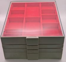 A Lindner Coin/Collectors stackable trays, housing various sized red felt lined inserts, Location: