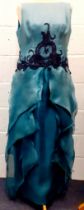 A 1980's Wim Hemmink teal silk sleeveless evening gown, UK size 14, having navy lace applique to the