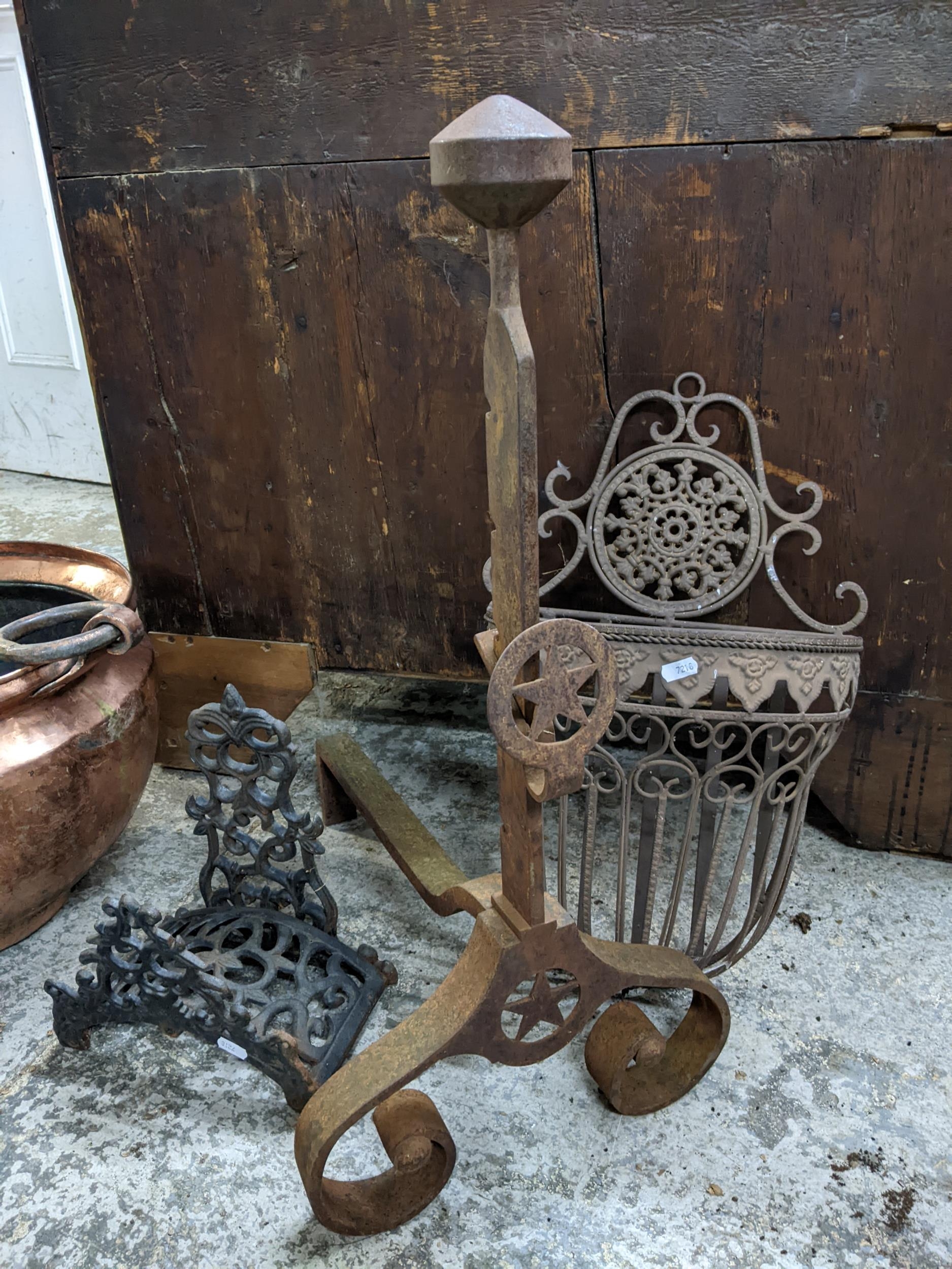 A copper twin ring handled planter, wall hanging flower basket, wrought iron fire dog, and one other - Image 2 of 2