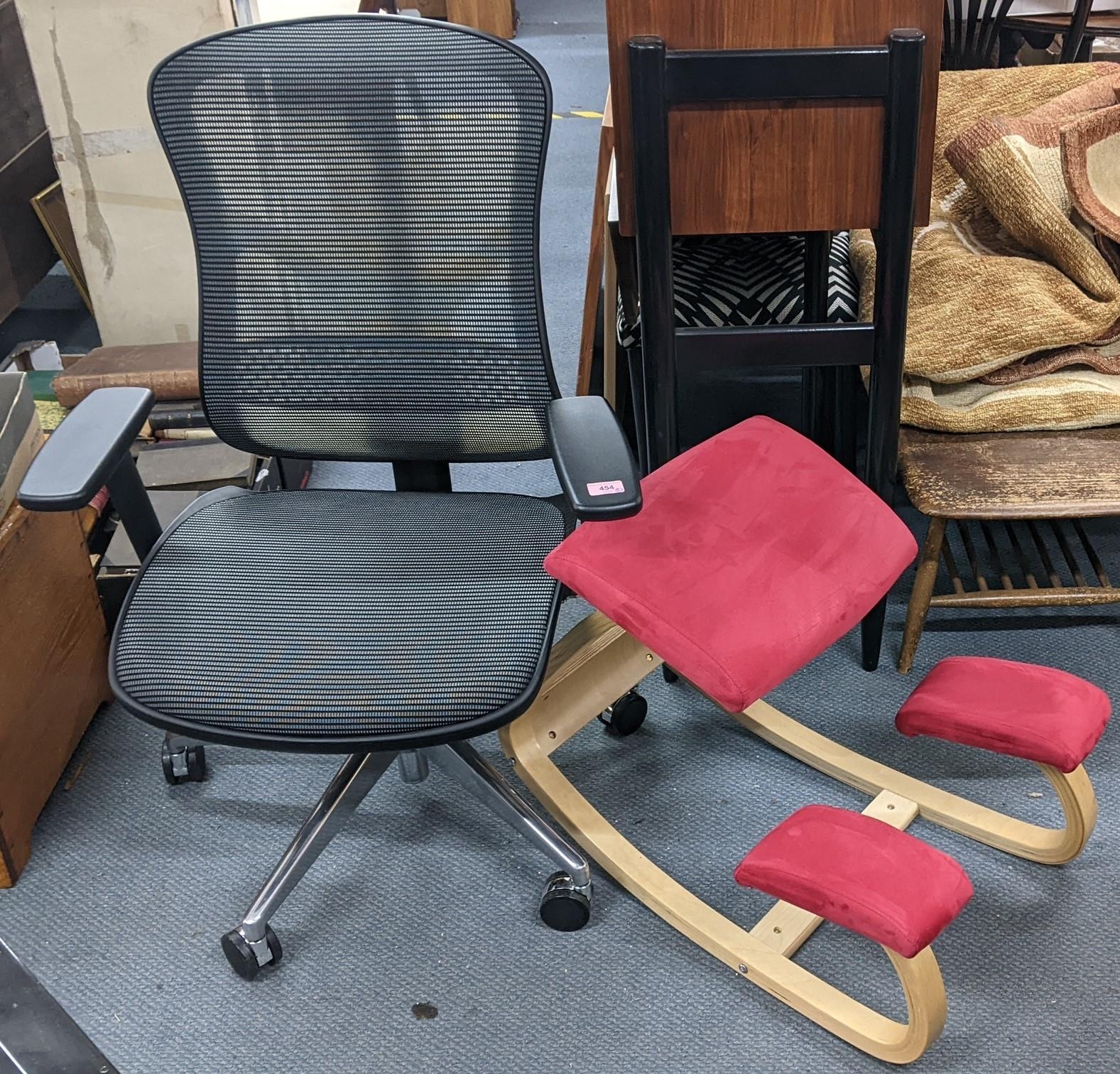 One swivel chair with armrests on castors, together with one keeling chair upholstered in red fabric