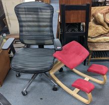 One swivel chair with armrests on castors, together with one keeling chair upholstered in red fabric