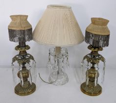 Two late 19th century brass French candlesticks with glass drops, and glass lamp without plug