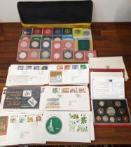 A collection of Crowns and commemorative coins and medallions, a Royal Mint 1997 deluxe proof set,