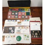 A collection of Crowns and commemorative coins and medallions, a Royal Mint 1997 deluxe proof set,