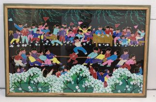 Pan Xiaoling - A watercolour depicting Chinese children playing tug of war, 78 x 58, framed