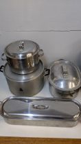 Large cooking pans with lids to include a fish kettle 66cm long. Location: