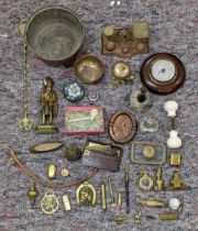 A mixed lot of metalware and other wares to include a small wheel barometer, a set of postage
