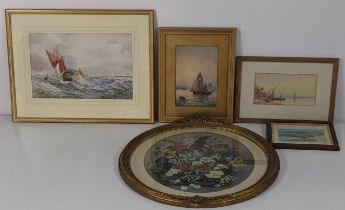 Mixed 19th century and later watercolours and oils to include an oil on board depicting boats on a