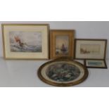 Mixed 19th century and later watercolours and oils to include an oil on board depicting boats on a