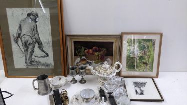 A mixed lot to include a still life oil on board, paperweight, Victorian teapot, and other items