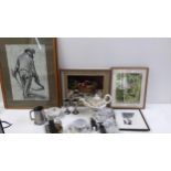 A mixed lot to include a still life oil on board, paperweight, Victorian teapot, and other items