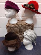 Mixed ladies hats to include a vintage Austrian red felt Ischler Hut hat, a Gina Davis mauve