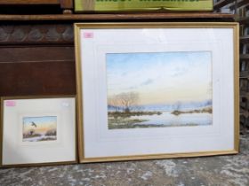 Peter Hayman - estuary winter landscape with trees and wildfowl, watercolour, signed lower right,