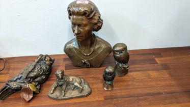 Bronzed composition models to include a bust, a dog and owls Location: