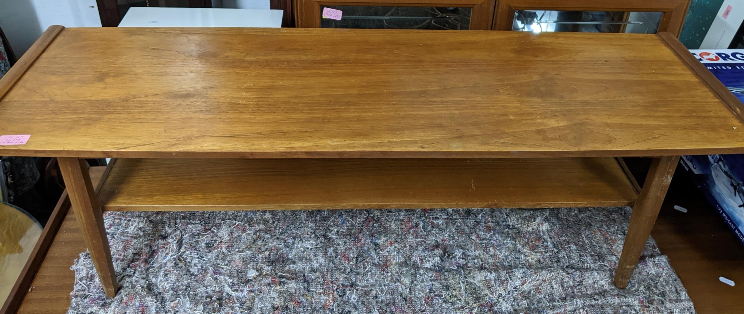 A mid-century teak coffee table with undertier, a teak telephone seat with drawer, open shelves, and - Image 2 of 4