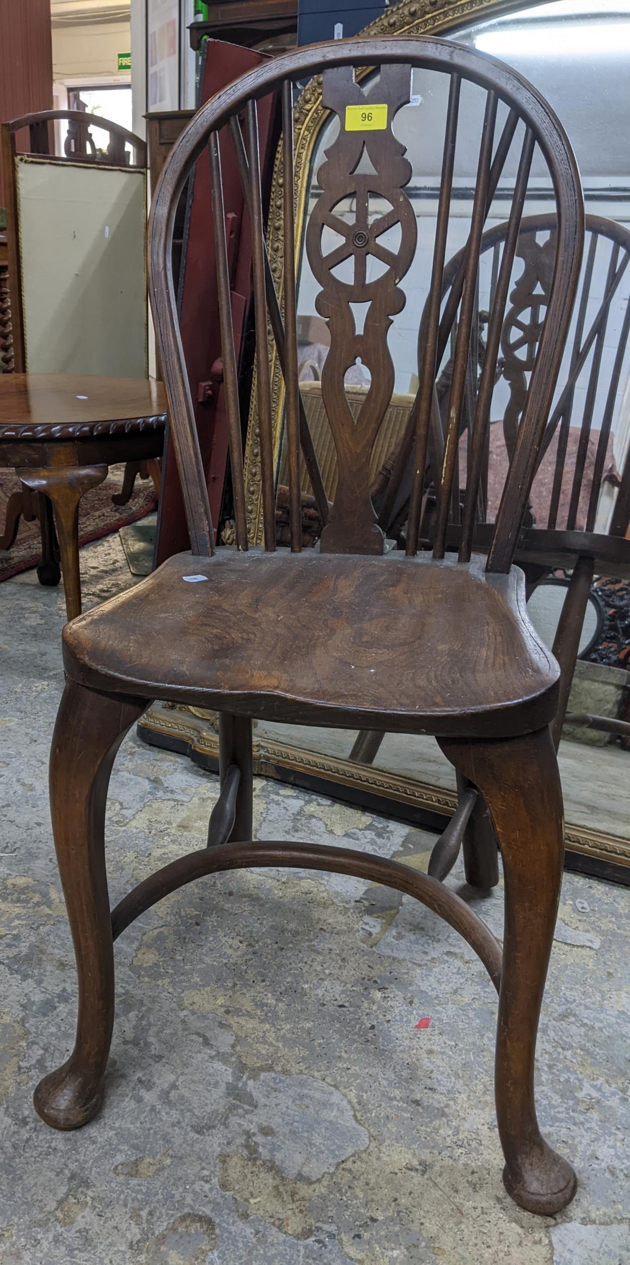 Two 20th century elm seated Windsor wheel back chairs with crinoline elliptical and stretchers, - Image 3 of 3