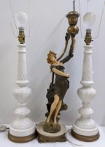 A pair of White glazed porcelain table lamps together with a figural table lamp of a lady mounted on