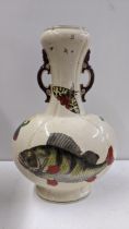 A Victorian William Stephen Coleman for Minto twin handled vase, decorated with fish and insects A/F