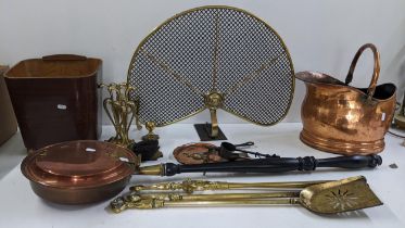 Mixed Victorian and later brass and copper fire side related items to include a coal bucket, fire