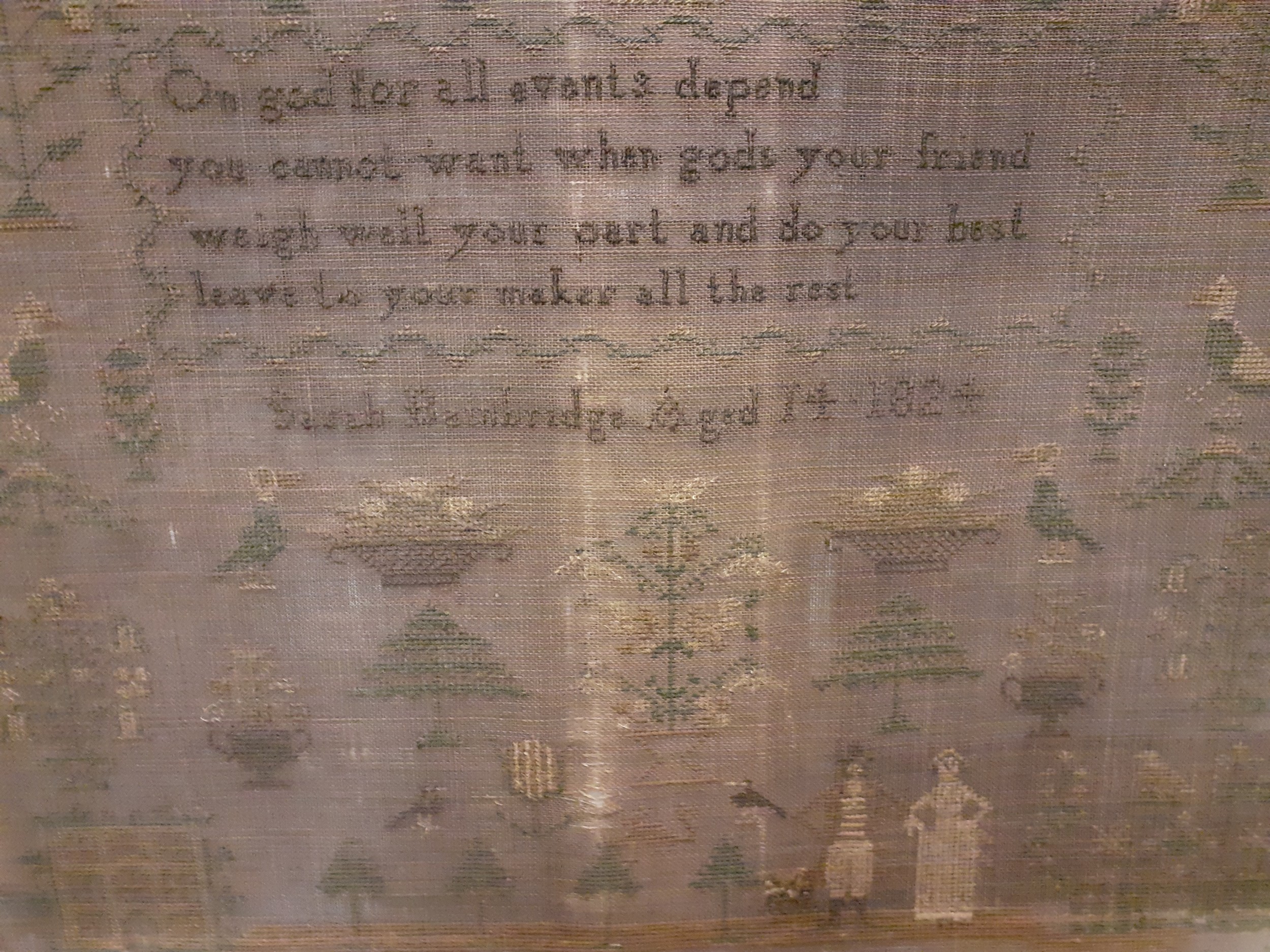 An early 19th Century sampler A/F dated 1824, worked by Sarah Bainbridge aged 14, depicting - Image 2 of 7