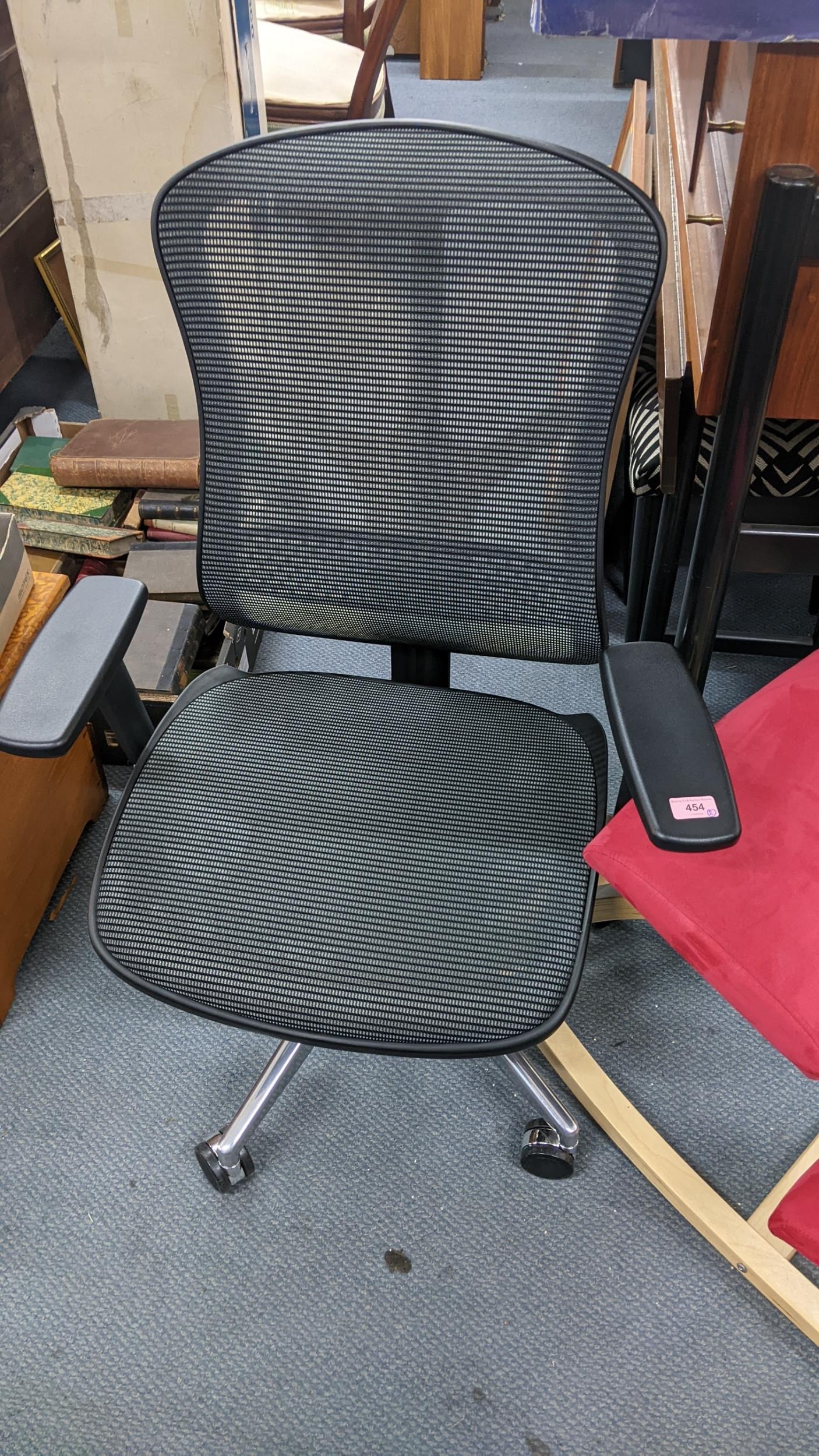 One swivel chair with armrests on castors, together with one keeling chair upholstered in red fabric - Image 2 of 4