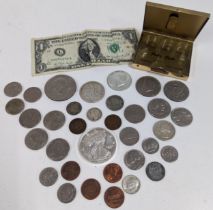 USA - Mixed coins to include 1865 Three Cents, Murcury Dimes, 1986 and 2000 Silver Dollars, and