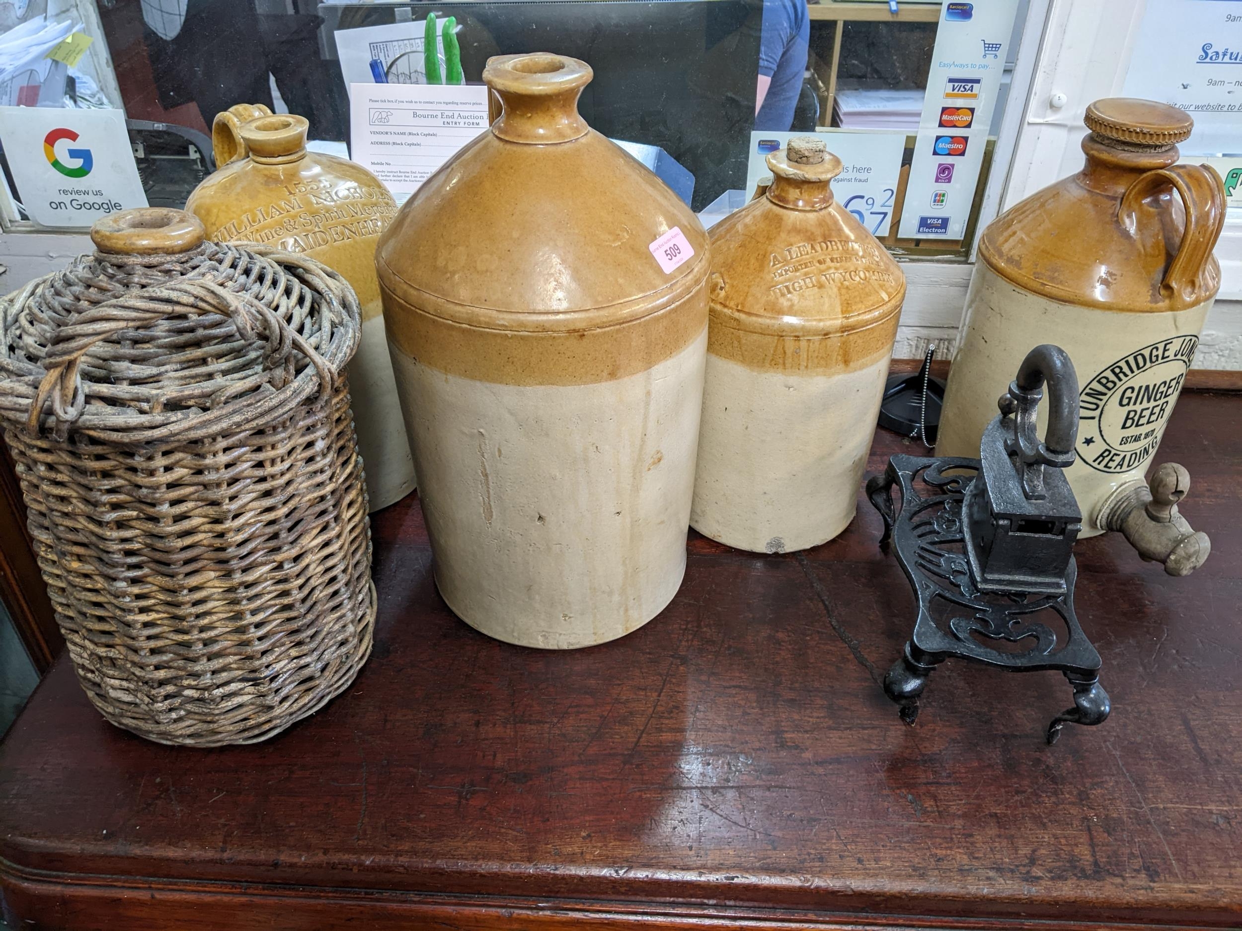 A group of stoneware bottles to include a William Nicholson Maidenhead jar, and an A Leadbetter High