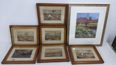 A set of coloured hunting scene engravings in maple frames, together with a Bill Makinson print with