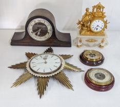 A mixed lot to include a Neapolitan style hat clock, a Sunburst wall clock, two barometers and one