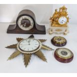 A mixed lot to include a Neapolitan style hat clock, a Sunburst wall clock, two barometers and one