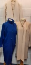 Three late 20th Century ladies coats comprising a Pierre Cardin 'Creation' royal blue and wool mix