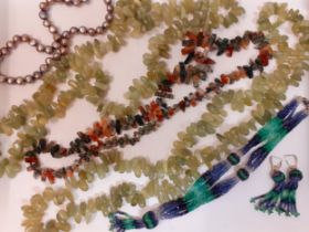 Two jade necklaces and one agate necklace and other items of jewellery. Location:BWR