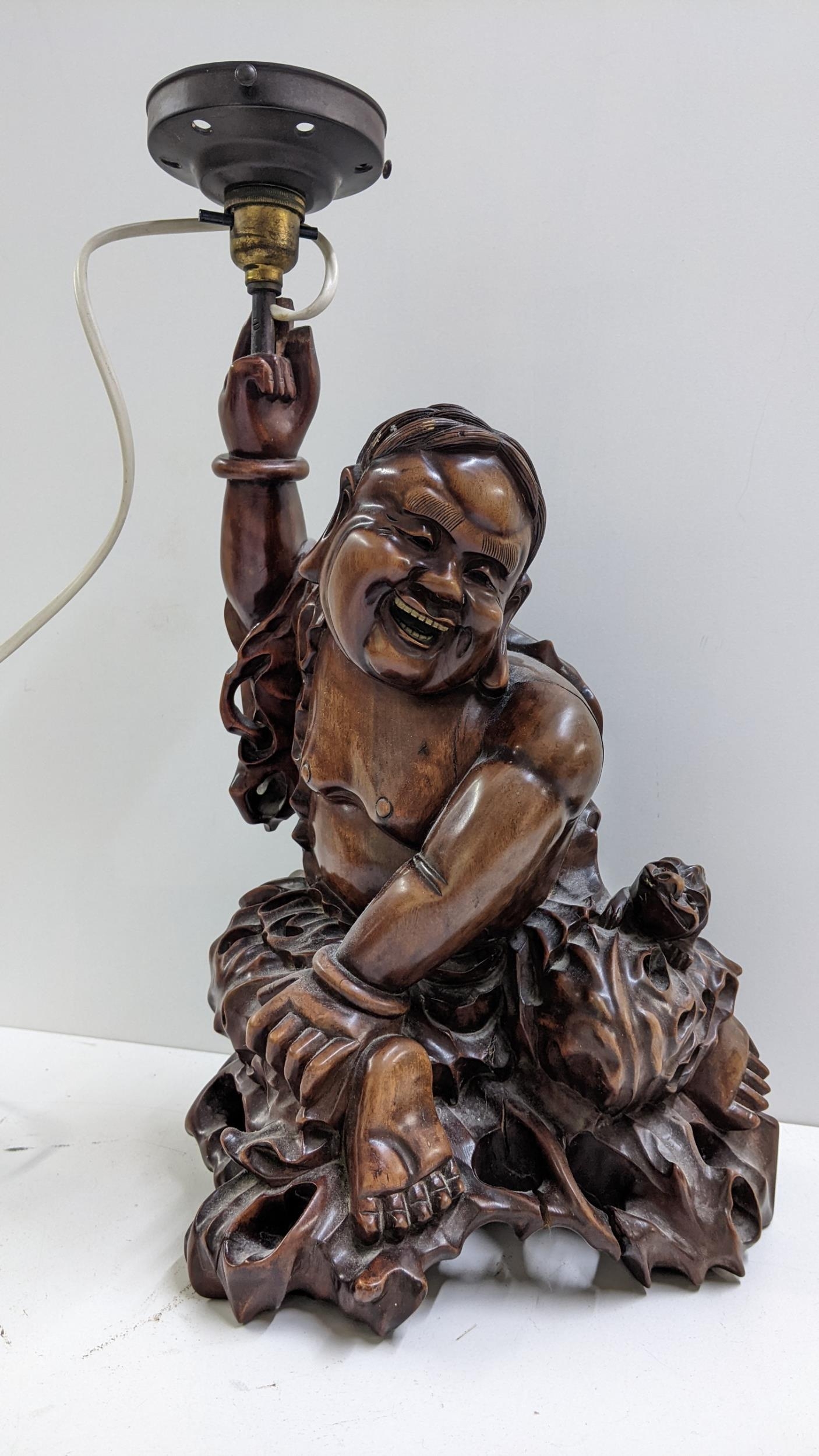 A Chinese root carved figural table lamp of a seated man in a naturalistic setting, 44cm h Location: - Image 2 of 4