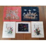 A small collection of Oriental embroidered and printed panels. Location:BWR