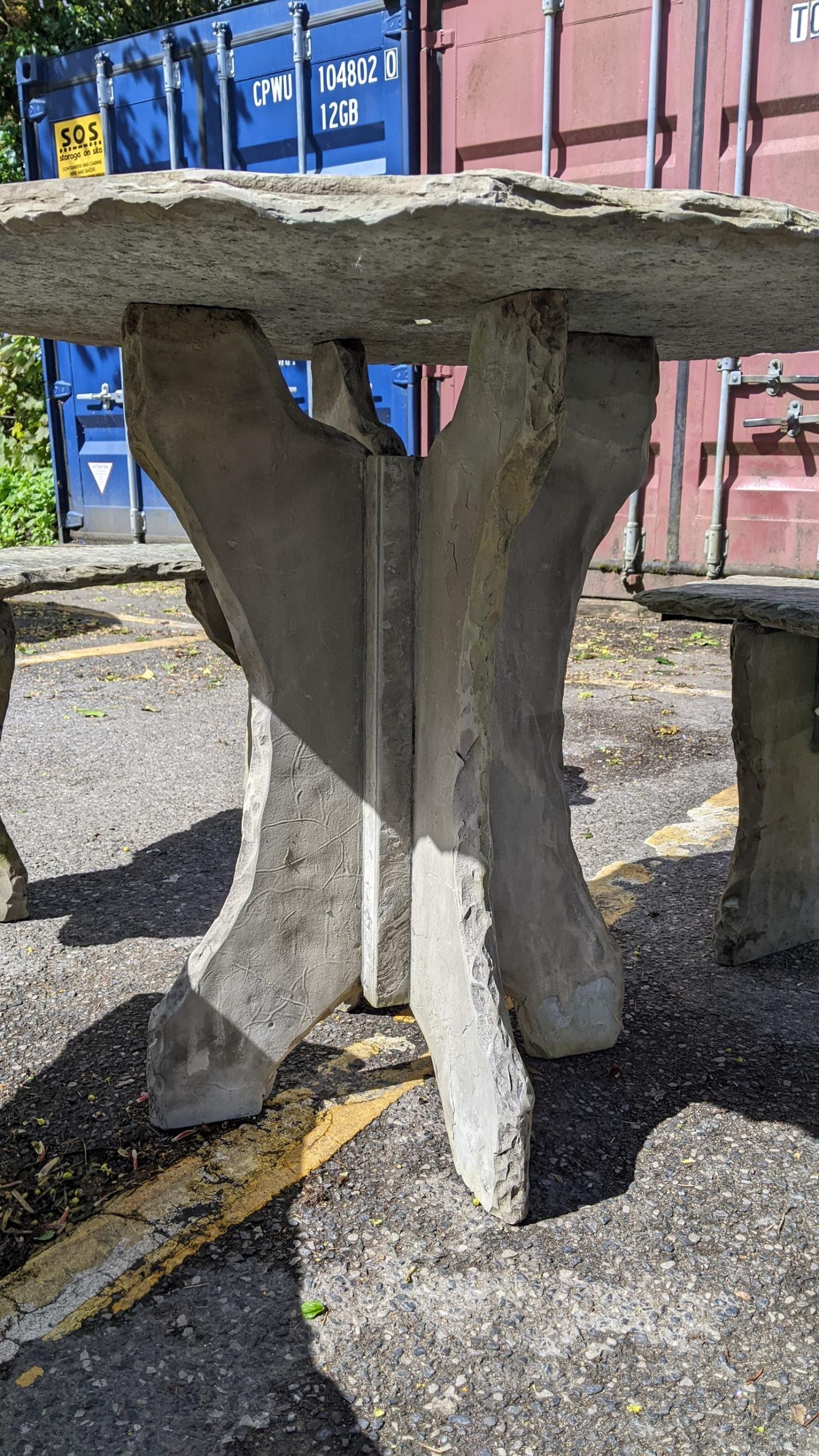 A modern carved slate circular garden table and three benches to - Image 4 of 6