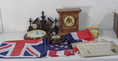 A mixed lot to include an American Ansonia mantel clock A/F, modern flags to include America, United