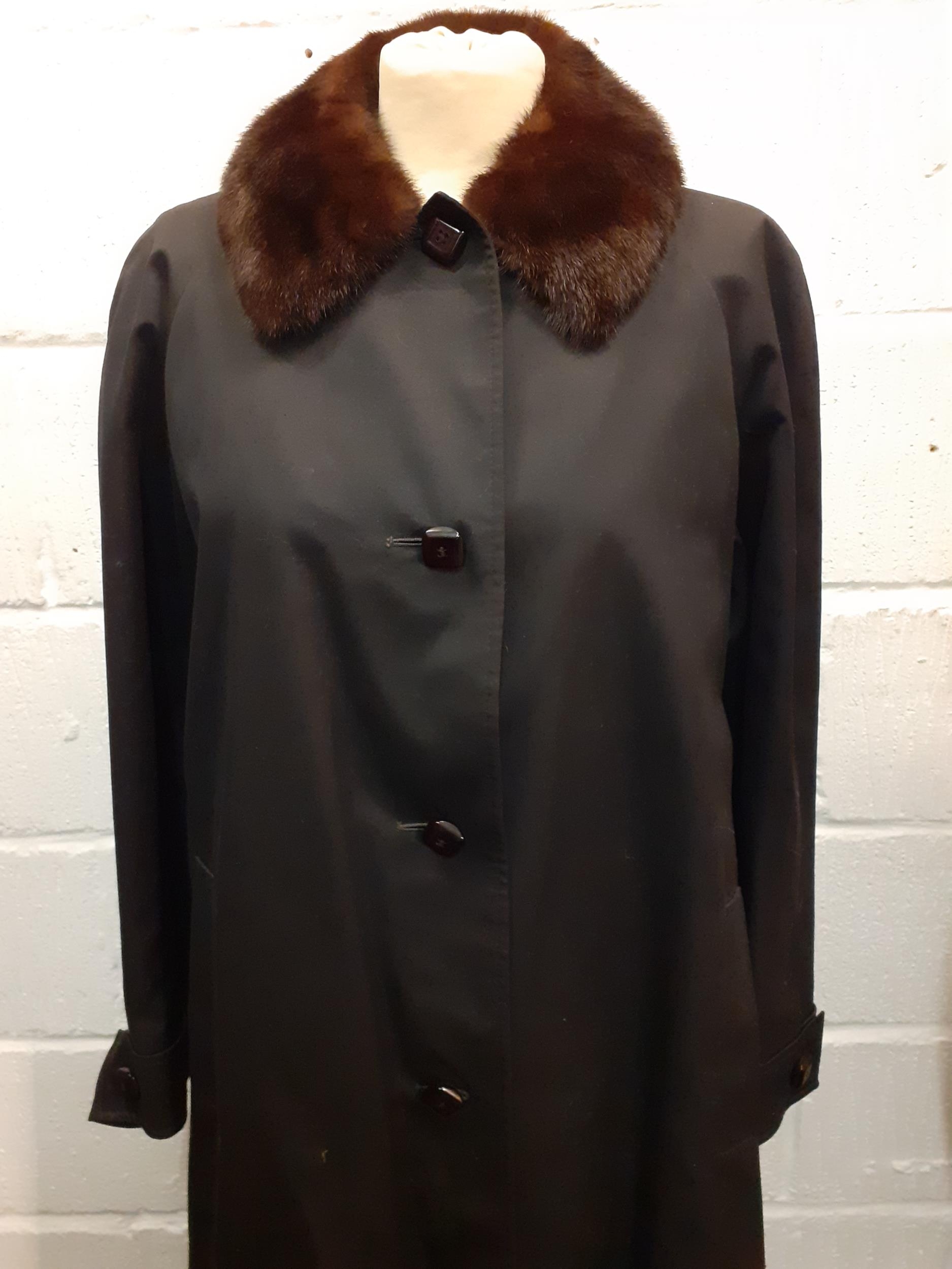 Aquascutum-A vintage Aqua 5 ladies full length black raincoat with brown mink collar and black - Image 2 of 5