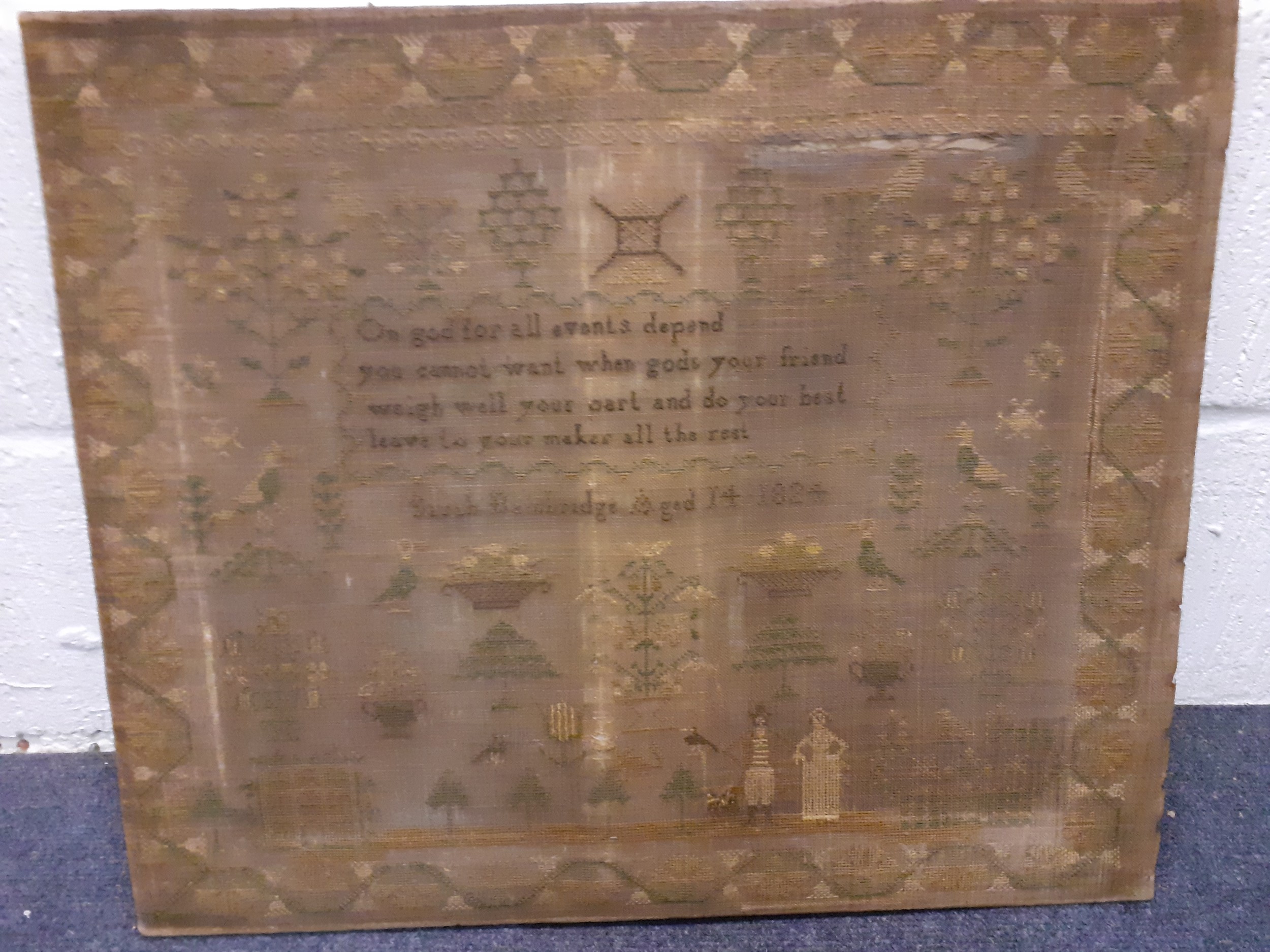 An early 19th Century sampler A/F dated 1824, worked by Sarah Bainbridge aged 14, depicting - Image 3 of 7