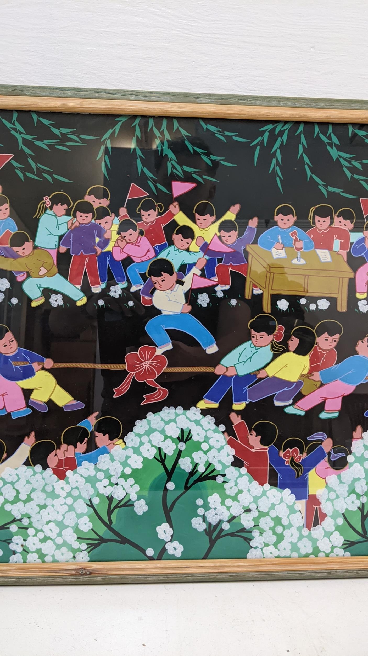 Pan Xiaoling - A watercolour depicting Chinese children playing tug of war, 78 x 58, framed - Image 4 of 5