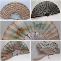 Four fans comprising 19th Century bone wand and palmette style fan, a Victorian black fabric fan,