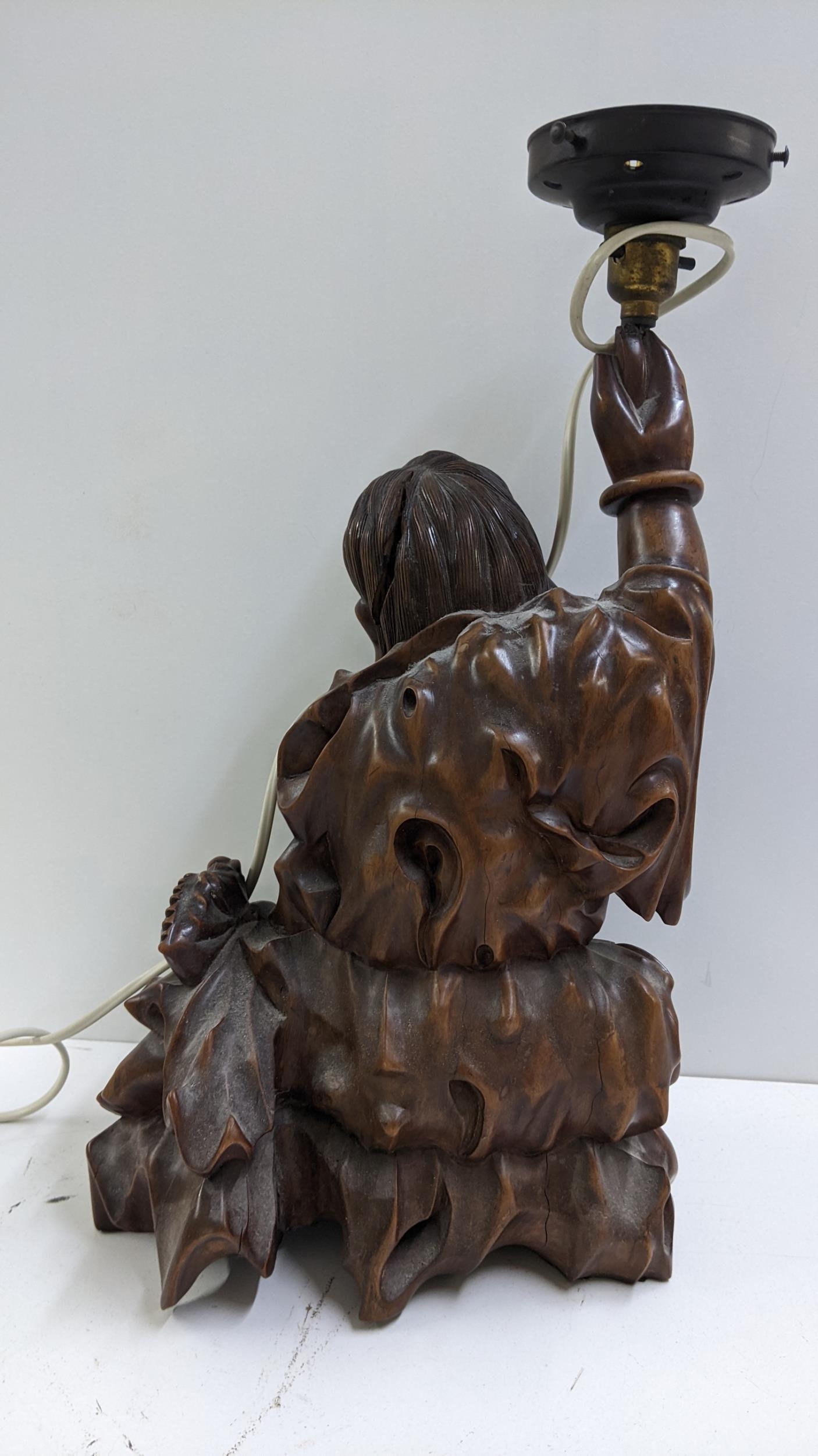 A Chinese root carved figural table lamp of a seated man in a naturalistic setting, 44cm h Location: - Image 3 of 4