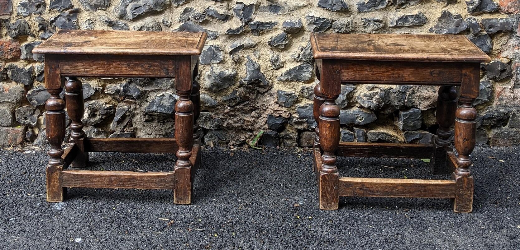 A pair of early 20th century oak joint stools on turned block legs Location: G - Image 2 of 3