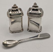 A pair of silver pepper pots, and an Irish silver mustard spoon, total weight 69.4g Location: