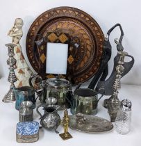 A mixed lot to include a silver plated tea set, milk jug, treen carved charger, pair of